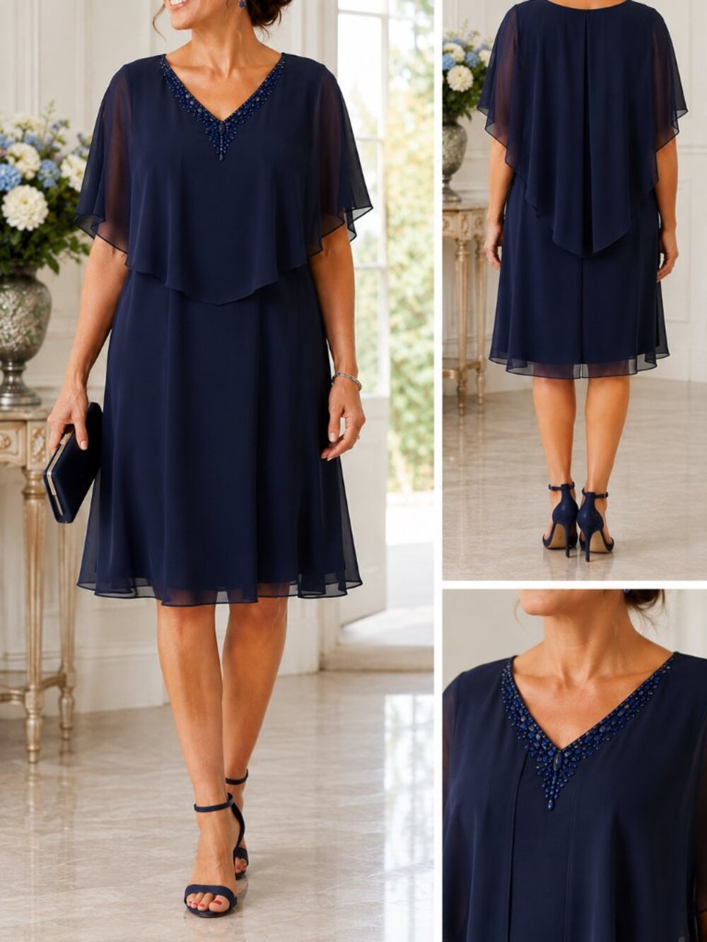 Jeweled V-Neck Chiffon Overlay Flutter Short-Sleeve Navy Blue Shift Dress